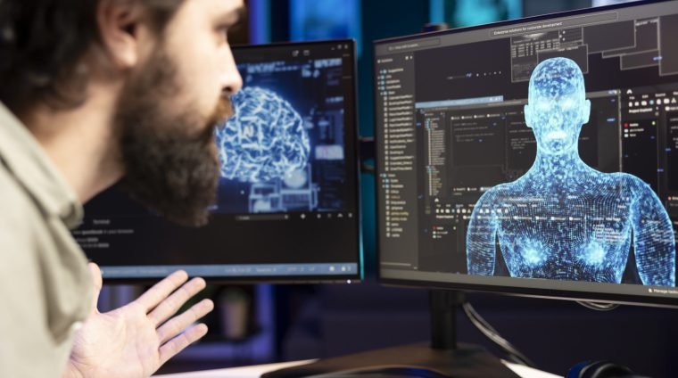 Artificial intelligence entity with anthropomorphic body escaping control of creator, breaking robotic laws, threatening humanity. AI robot gaining humanoid form inside computer