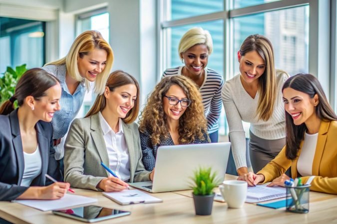 Diverse team of women collaborating on a project.