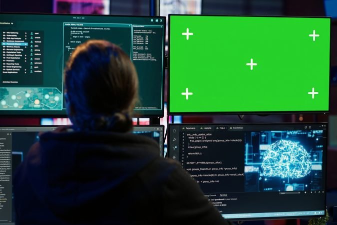 Hacker uses green screen PC and AI deep learning to develop zero day exploit undetectable by antivirus. Scammer uses artificial intelligence and mockup computer to build data mining script, camera A